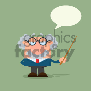 Cartoon illustration of an elderly male teacher or professor holding a pointer with a speech bubble.