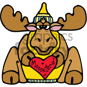 The clipart image features an animated moose. The moose is brown with large antlers and is wearing a yellow party hat with blue stripes and a pom-pom on top. It has a content and friendly facial expression. The moose is also wearing a yellow shirt with a big red heart in the center that reads Moosetard in fancy script, an apparent play on the word mustard with a Valentine's theme. The moose's arms are crossed in front of it, and it appears to be seated or crouching.