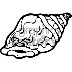 A black and white clipart image of a sea shell with a cartoon face.