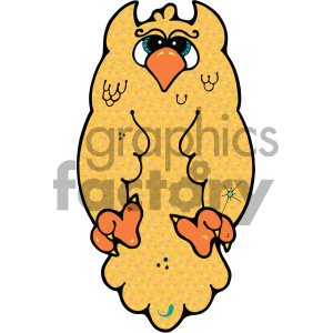 A whimsical and cute cartoon owl with large blue eyes, an orange beak, and orange feet. The owl is yellow with a heart pattern background.