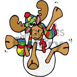 This clipart image features a cartoon-like moose that has apparently toppled over onto a snowman. The moose is wearing a colorful hat and scarf. It seems to be lying on its back with its legs in the air. The snowman, partially visible, appears to be smashed where the moose has landed on it, with only the bottom half intact and the top completely gone.