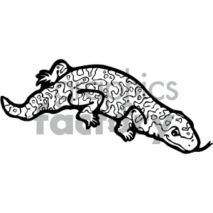 The clipart image shows a stylized representation of a lizard with patterns on its body. The image is a black and white line drawing which portrays the lizard in profile with various shapes and spots across its back and tail.