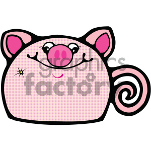   The clipart image depicts a whimsical, cartoon-like representation of a pig. The pig has a round face, with a prominent pink snout, big black eyes with highlights, and a smiling mouth. One ear is visible, and there
