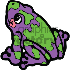 This clipart image depicts a stylized cartoon frog. The frog is primarily green with purple accents and patches. It has a prominent black outlined eye with a white highlight, giving it a lively expression.