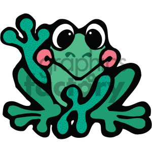 The image is a simple, cartoon-style clipart of a green frog. The frog appears to have a cheerful expression, with large, prominent eyes, and is sitting with its limbs spread out. The drawing style is bold and simplified, using solid colors and minimal shading, making it suitable for a variety of general uses like educational materials, children's content, or graphic design projects.