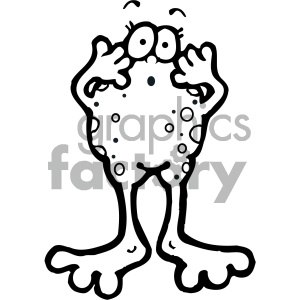 The image depicts a clipart of a cartoon frog with a surprised or shocked expression. The frog is standing upright on its hind legs and its hands are raised near its face in a startled gesture. It has large, round eyes with raised eyebrows, and the body is dotted with various spots, typical of a frog's texture.