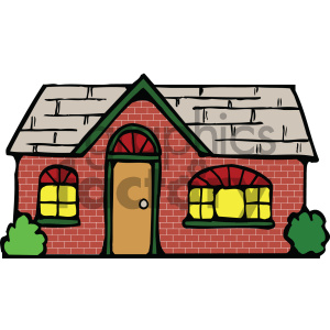 Clipart image of a small, charming brick house with a gray roof, red window frames, yellow windows, a wooden door, and green bushes on either side.
