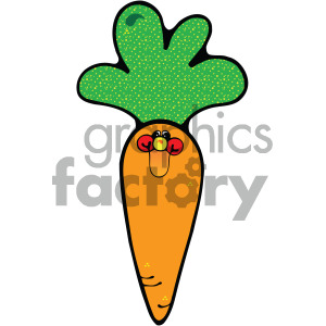 A playful clipart image of a cartoon carrot with a smiling face. The carrot has green leafy tops and an orange body with a friendly expression.