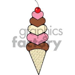 Clipart image of a heart-shaped ice cream cone with three scoops in pink, brown, and cream colors, topped with a cherry.