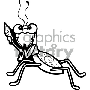 A black and white clipart image of a cartoon insect with large eyes, long antennae, and a playful expression, raising one of its legs.