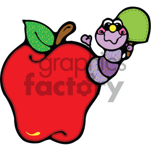 A fun clipart image featuring a red apple with a green leaf and stem, and a cute purple worm wearing a green hat, popping out from the side of the apple.