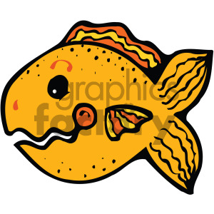 The image is a colorful clipart illustration of an orange goldfish. It features a stylized fish with markings in shades of orange, black, and yellow with visible details such as scales, fins, and a gill cover.