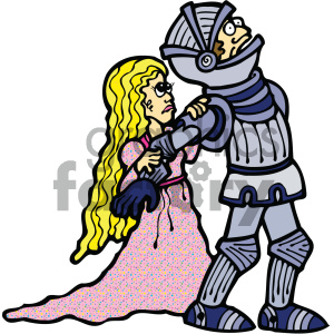 A cute cartoon illustration of a medieval fairy tale scene featuring a knight in armor and a princess in a pink dress.