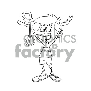 This clipart image features a happy cartoon boy with a prosthetic leg, holding up a first-place medal. The boy has a cheerful expression and is dressed in a striped shirt, shorts, and sneakers.