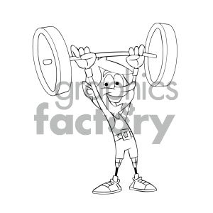 A cartoon clipart image of a happy character lifting a barbell over their head with both hands. The character is wearing a jumpsuit and sneakers.