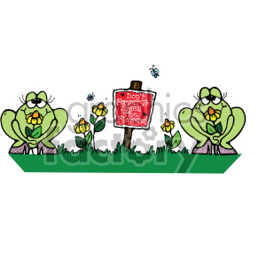   This clipart image features two whimsical frogs with big eyes, sitting on a stretch of grass. Each frog is holding a yellow flower close to their nose as if they are smelling it. The flowers resemble daffodils. In between the frogs, there is a wooden signpost with a red sign that reads, Don