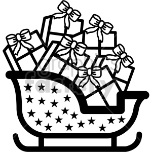 A black and white clipart image of a Christmas sleigh filled with wrapped gifts, adorned with bows and star patterns.