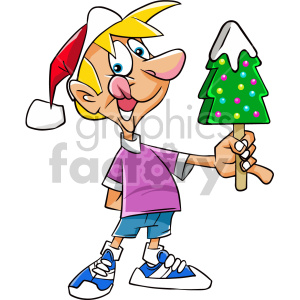 Cartoon character of a child wearing a Santa hat, holding a Christmas tree-shaped ice cream on a stick.