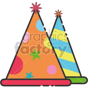 Colorful clipart image of two party hats, one with an orange base and polka dots, the other with a blue and yellow striped pattern, both topped with stars.