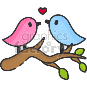 The clipart image shows two lovebirds, which are small parrots, perching on a branch. The birds are facing each other and appear to be nuzzling or kissing. The image is often associated with Valentine's Day or romantic love between couples, such as boyfriends, husbands, or lovers.
