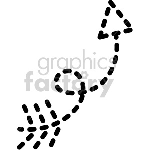 This is a simple black and white clipart image that features an arrow. The arrow is depicted in a dashed line style, where the line forming the arrow is made up of individual dashes or short strokes, creating a discontinuous or dotted appearance. The body of the arrow curls around in a spiral or circular motion and then points upwards to the right, with the arrowhead consisting of two smaller dashes angled outward to suggest direction.