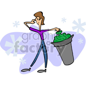 A cartoon illustration of a person holding their nose while lifting the lid of a stinking garbage can.