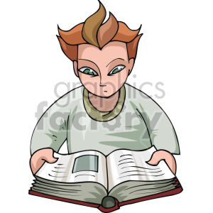 Clipart image of a man with spiky hair intently reading a large open book.