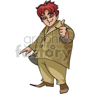 Cartoon-style illustration of a teenage boy with red hair giving a thumbs up, wearing a brown jacket and pants.