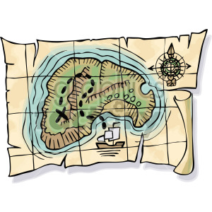 A pirate-themed treasure map illustration showing an island with marked paths, an 'X' indicating treasure, a compass rose, and a sailing ship.