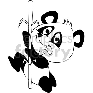   The clipart image features a cute, stylized panda bear clinging onto a bamboo stalk. The panda looks playful and is depicted in a simplified, cartoon-like manner using black and white colors typical for a panda. It is a vector-style illustration commonly used for various purposes such as educational materials, children