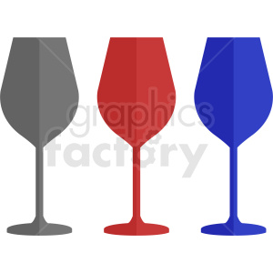 A clipart image of three wine glasses in gray, red, and blue colors.