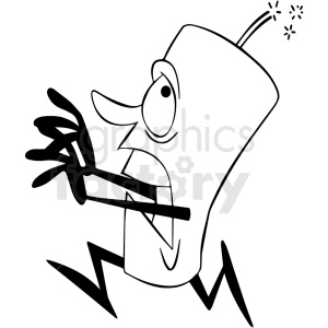 A cartoonish black and white illustration of a running  firecracker with a surprised expression, depicting a firework with a lit fuse.