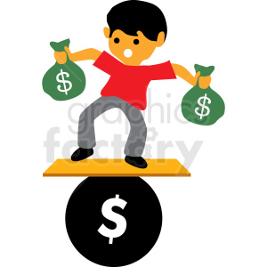   The clipart image shows a cartoon person trying to balance on a stack of bills and coins, representing debt and money. The person seems to be struggling to maintain balance while holding a briefcase labeled "investing," suggesting that they may be attempting to manage their finances by investing while also dealing with debt.
 