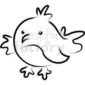 A black-and-white clipart image of a cute, round bird with stylized features, including small wings, a tuft of feathers on its head, and a simple facial expression.