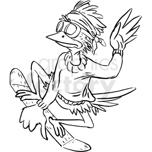 The image is a clipart illustration of a bird snowboarding. The bird appears to be styled in a cool, sporty fashion, with a feathered crest tied back in a band, suggesting a youthful or 'junior' personality. The bird is wearing goggles, indicating participation in a snow sports activity. The bird has a tattoo, which is often associated with edgy or rebellious styles.
