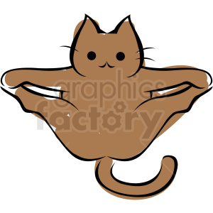   The clipart image features a simplified cartoon representation of a brown cat in a yoga pose. The cat appears to be holding its front paws out wide and has a relaxed or content expression on its face. 