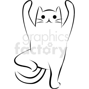 The clipart image features a stylized drawing of a cat in a yoga pose. The cat is sitting upright with its arms (or front paws) stretched upward, which could be interpreted as mimicking a common human yoga stretch.