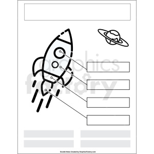 A clipart image of a rocket with labeled parts and a planet with rings in the background. The image contains blank labels for educational purposes.