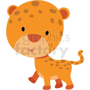 This clipart image depicts a cartoon representation of a leopard. It features a simplistic and cute design with orange fur and darker spots, a friendly face, and a small tail.
