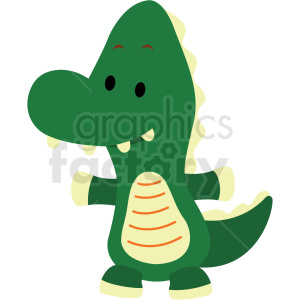 The image shows a cartoon representation of a green crocodile (or alligator). It features a smiling face with two small eyes and visible teeth, a light yellow underbelly with orange lines, and a tail. The character is standing upright on two legs in a friendly, non-threatening pose.