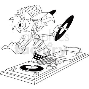 A cartoon DJ character holding a vinyl record while standing at a turntable setup, with a dynamic and energetic pose.