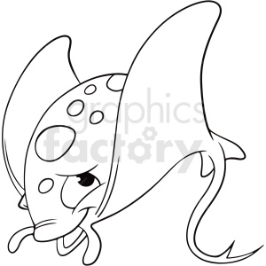 A black and white clipart image of a cute stingray with a smiling face and spots on its body.