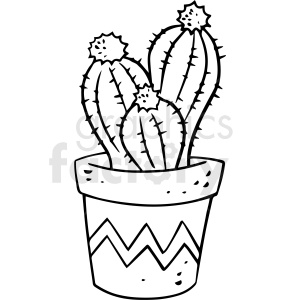 A black and white clipart image of a potted cactus. The cactus has several arms and is adorned with small flowers. The pot has a zigzag pattern design.