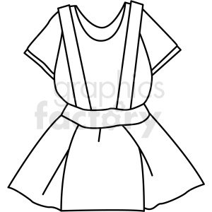 A black and white clipart image of a dress with short sleeves and a belt. The dress is simple and has a classic design.