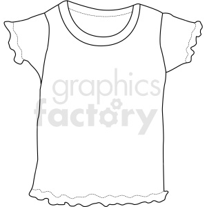 A black and white line drawing of a t-shirt with ruffled sleeves and hem.