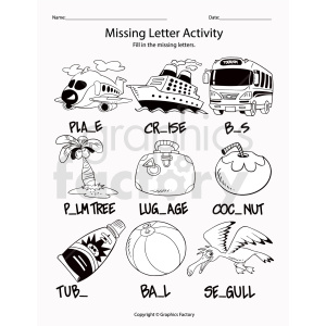 A missing letter activity worksheet featuring different travel and vacation-related items and animals. Children are asked to fill in the missing letters of words like plane, cruise, bus, palm tree, luggage, coconut, tube, ball, and seagull, each accompanied by a corresponding black and white illustration.