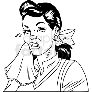 Black and white clipart image of a woman crying, wiping tears with a handkerchief.