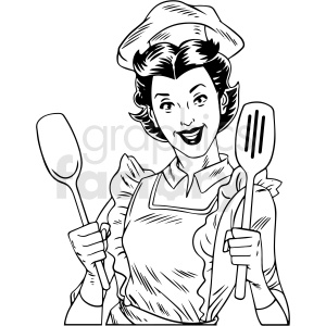 A retro-style clipart image of a cheerful woman in a chef's hat and apron holding a spatula and a spoon.