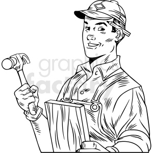 Black and white clipart image of a smiling carpenter holding a hammer in one hand and a piece of wood in the other. The carpenter is wearing overalls and a cap.