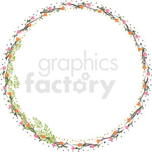 This is a clipart image of a round floral frame. The frame is adorned with vibrant flowers and leaves in colors such as orange, pink, and green, creating an elegant and decorative border.
